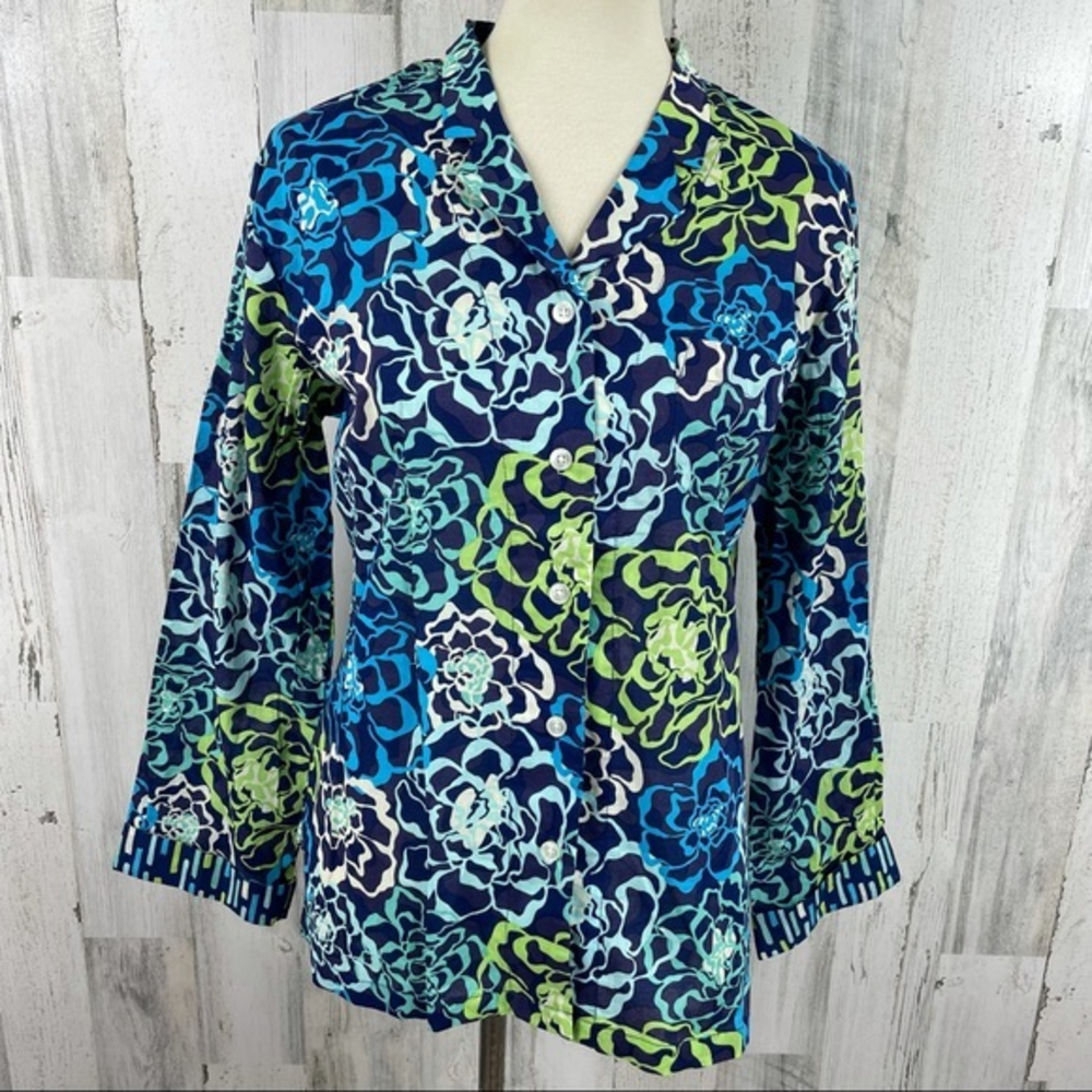 Vera Bradley Women's Blue Floral‎ Button Top Down S